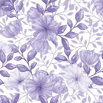 purple, lavender, lilac, floral pattern, hibiscus flowers, botanical design, watercolor style, seamless repeat, quilting cotton, fabric panel, nature motif, soft pastels, feminine design, spring flowers, tropical blooms, delicate leaves, monochromatic palette, crafting material, sewing fabric, country flowers