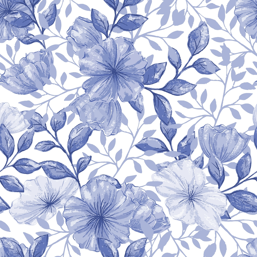 periwinkle blue, lavender, white background, floral pattern, large blooms, botanical design, leaves and vines, watercolor style, seamless repeat, quilting cotton, fabric panel, soft pastels, delicate flowers, country flowers, nature motif, feminine design, crafting material, monochromatic blue, flowing vines, cottage style