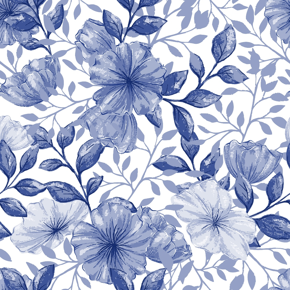 blue, periwinkle, navy, white, watercolor flowers, hibiscus, tropical blooms, botanical pattern, floral design, leaves, branches, seamless repeat, quilting cotton, fabric panel, soft pastels, monochromatic, garden flowers, nature motifs, delicate petals, flowing vines