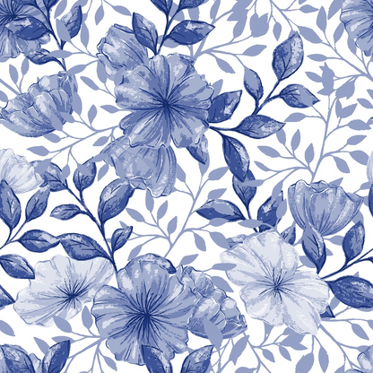 blue, periwinkle, navy, white, watercolor flowers, hibiscus, tropical blooms, botanical pattern, floral design, leaves, branches, seamless repeat, quilting cotton, fabric panel, soft pastels, monochromatic, garden flowers, nature motifs, delicate petals, flowing vines