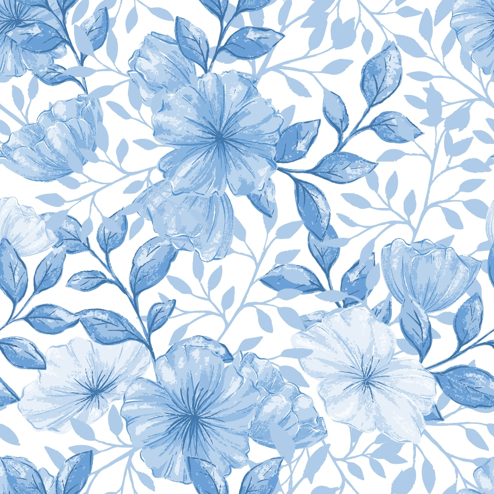 blue flowers, watercolor style, floral pattern, hibiscus blooms, botanical design, leafy vines, monochromatic blue, soft petals, quilting cotton, fabric panel, tropical flowers, delicate branches, country flowers, seamless repeat, nature motif, powder blue, periwinkle, flowing stems, organic shapes, cotton fabric
