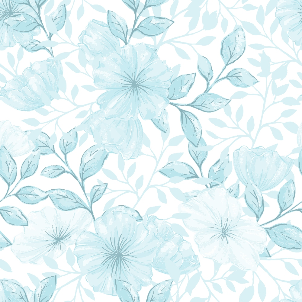 powder blue, pale aqua, soft teal, white background, floral pattern, large blooms, leafy branches, botanical design, delicate flowers, watercolor style, subtle texture, repeating motif, country garden, soft pastels, quilting cotton, fabric panel, feminine florals, vintage inspired, romantic mood, gentle aesthetic