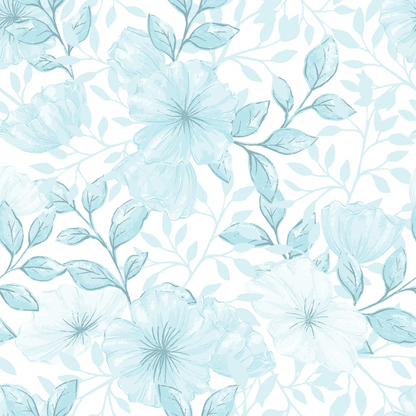 powder blue, pale aqua, soft teal, white background, floral pattern, large blooms, leafy branches, botanical design, delicate flowers, watercolor style, subtle texture, repeating motif, country garden, soft pastels, quilting cotton, fabric panel, feminine florals, vintage inspired, romantic mood, gentle aesthetic