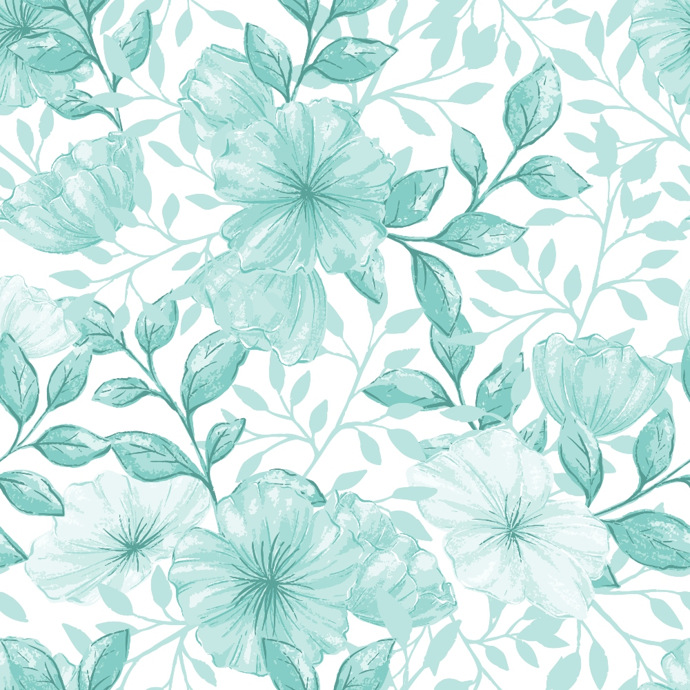 mint green, seafoam, aqua, watercolor flowers, botanical pattern, floral design, leaves and stems, delicate petals, soft pastels, repeating pattern, quilting cotton, fabric panel, spring florals, nature motif, gentle artwork, crafting material, sewing fabric, feminine design, vintage style