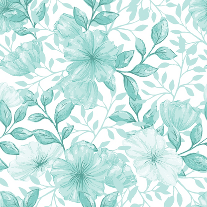 mint green, seafoam, aqua, watercolor flowers, botanical pattern, floral design, leaves and stems, delicate petals, soft pastels, repeating pattern, quilting cotton, fabric panel, spring florals, nature motif, gentle artwork, crafting material, sewing fabric, feminine design, vintage style