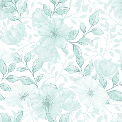 pale green, mint green, watercolor flowers, botanical pattern, delicate florals, leafy branches, soft pastels, quilting cotton, fabric panel, floral motif, nature inspired, gentle artwork, country style, gardening theme, feminine design, craft fabric, sewing material, spring colors, vintage feel