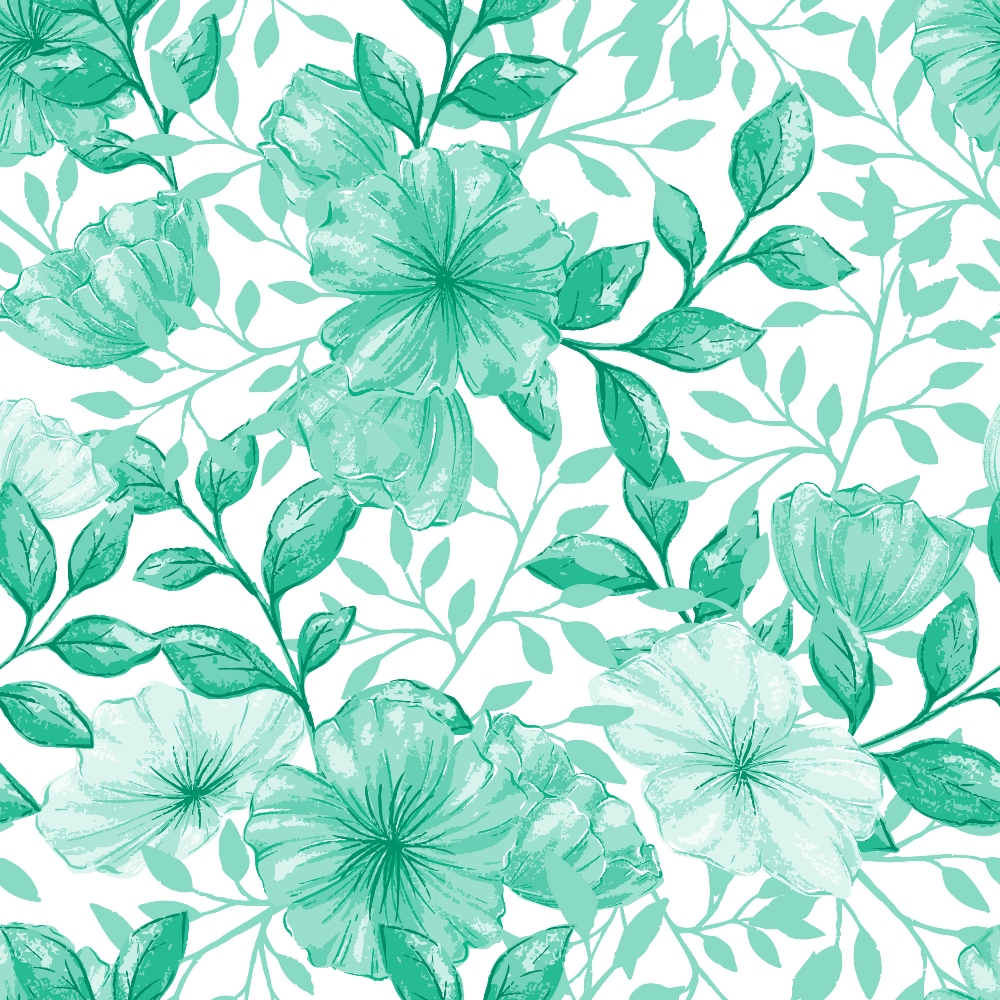 green, mint green, emerald, watercolor flowers, floral pattern, botanical design, leaves, stems, branches, nature motif, tropical flowers, hibiscus, quilting cotton, fabric panel, seamless repeat, organic shapes, garden theme, spring flowers, delicate petals, flowing vines