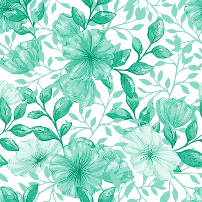 green, mint green, emerald, watercolor flowers, floral pattern, botanical design, leaves, stems, branches, nature motif, tropical flowers, hibiscus, quilting cotton, fabric panel, seamless repeat, organic shapes, garden theme, spring flowers, delicate petals, flowing vines