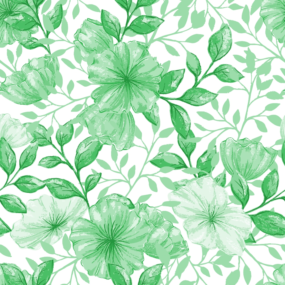 green flowers, watercolor style, floral pattern, botanical design, leaves, stems, quilting cotton, fabric panel, spring theme, nature motif, soft green, pale green, delicate florals, garden flowers, repeating pattern, feminine design, crafting fabric, sewing material, blooming flowers, organic shapes