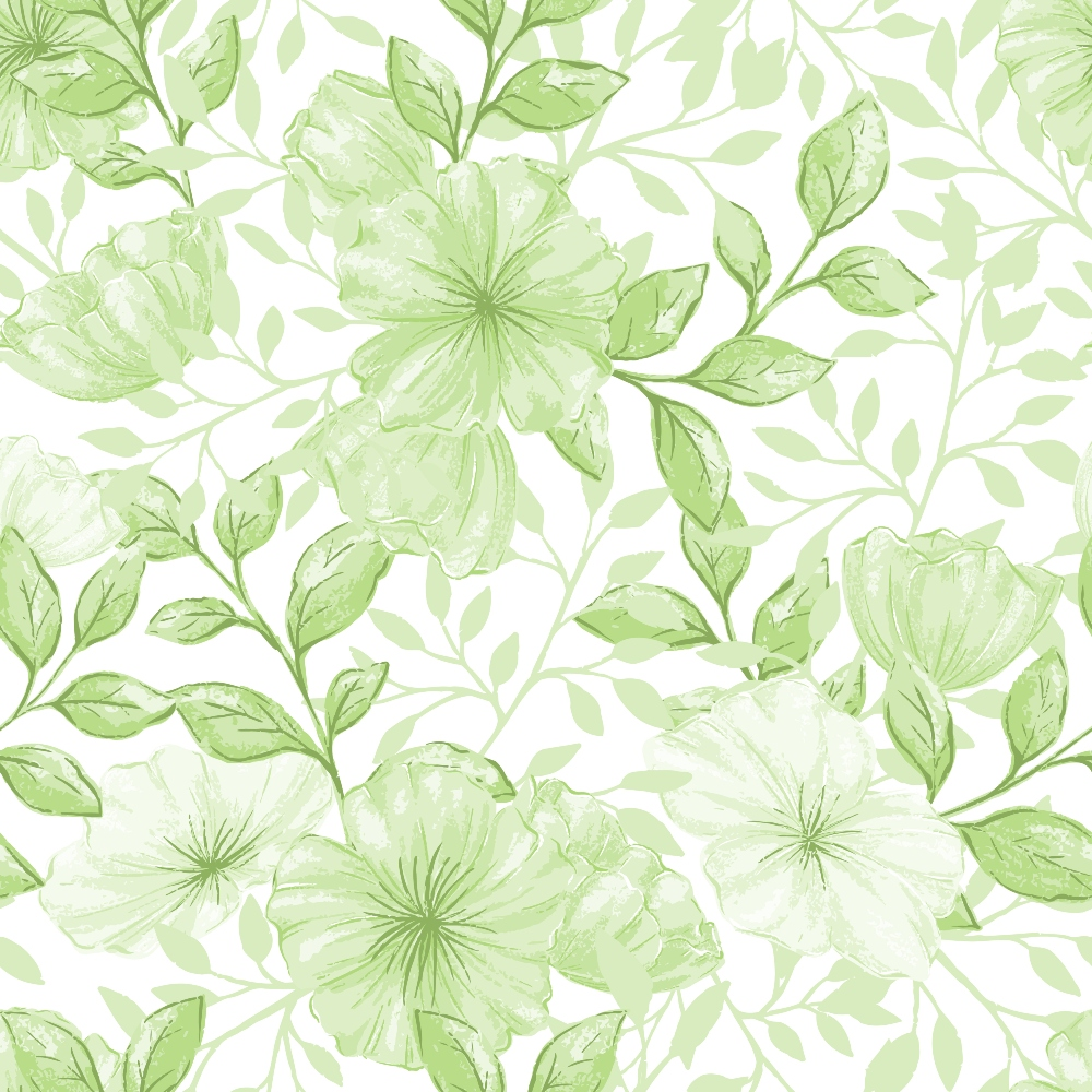 sage green, pale green, mint green, floral pattern, botanical design, large flowers, leafy vines, delicate petals, watercolor style, soft pastels, seamless repeat, quilting cotton, fabric panel, spring theme, nature motif, feminine aesthetic, romantic florals, garden flowers, organic shapes, flowing branches