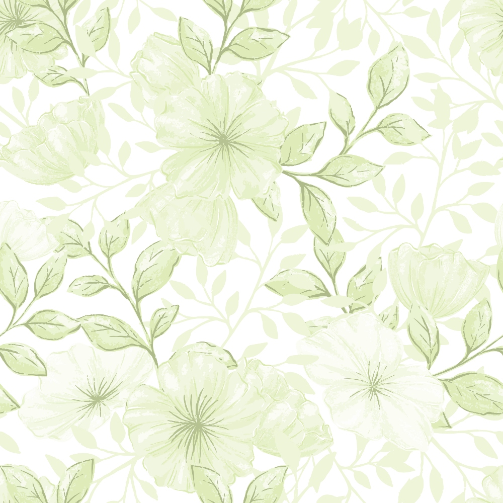 pale green, sage green, mint green, floral pattern, botanical design, large flowers, leafy branches, delicate petals, soft pastel, monochromatic, vintage style, romantic mood, quilting cotton, fabric panel, seamless repeat, nature motif, garden flowers, subtle texture, feminine design, crafting material