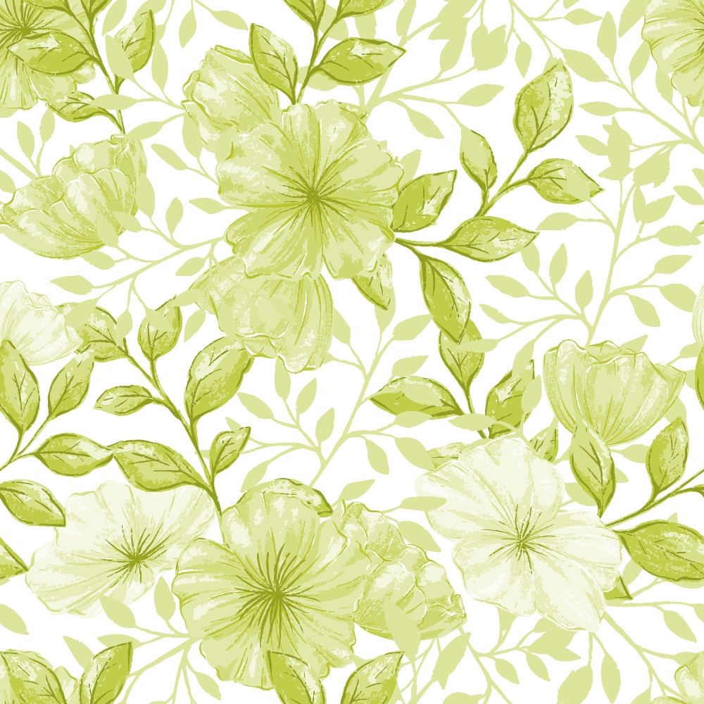 lime green, sage green, pale green, floral pattern, botanical design, large flowers, leafy vines, watercolor style, soft pastels, quilting cotton, fabric panel, spring theme, nature motif, delicate florals, seamless repeat, country flowers, garden blooms, organic shapes, fresh colors, cotton fabric