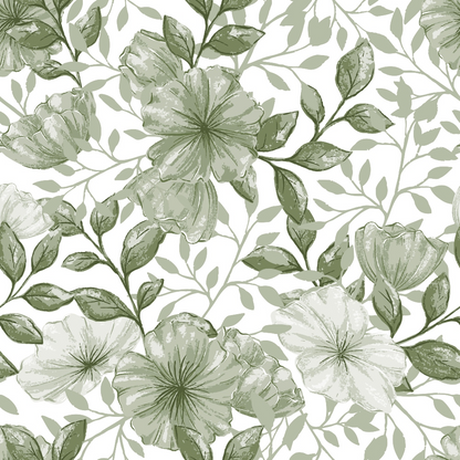 sage green, muted green, cream white, floral pattern, botanical design, large flowers, leafy branches, vintage style, watercolor effect, seamless repeat, quilting cotton, fabric panel, nature motif, soft palette, delicate florals, country flowers, botanical illustration, monochromatic green, flowing vines, organic pattern