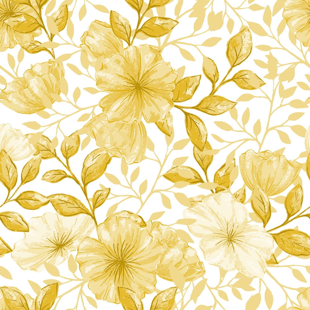 golden yellow, cream, floral pattern, large flowers, botanical design, leaves, branches, monochromatic, watercolor style, seamless repeat, quilting cotton, fabric panel, warm tones, vintage blooms, delicate petals, flowing vines, soft texture, country flowers, nature motif, feminine design