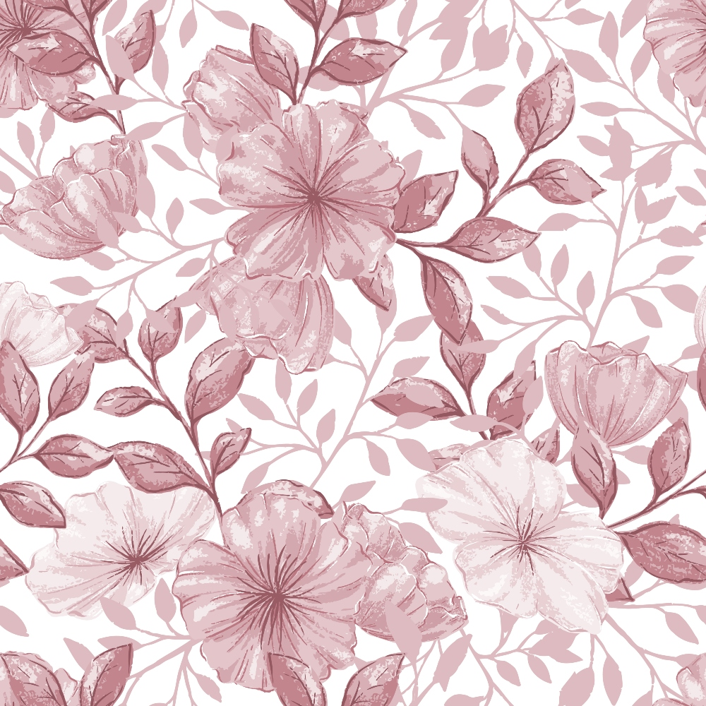 Floral pattern with pink flowers and leaves on a white background.