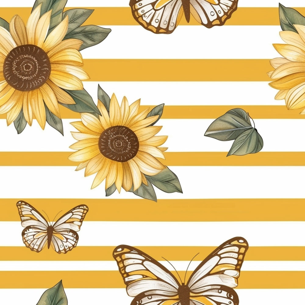 Illustration of sunflowers and butterflies on a background of alternating yellow and white horizontal stripes.