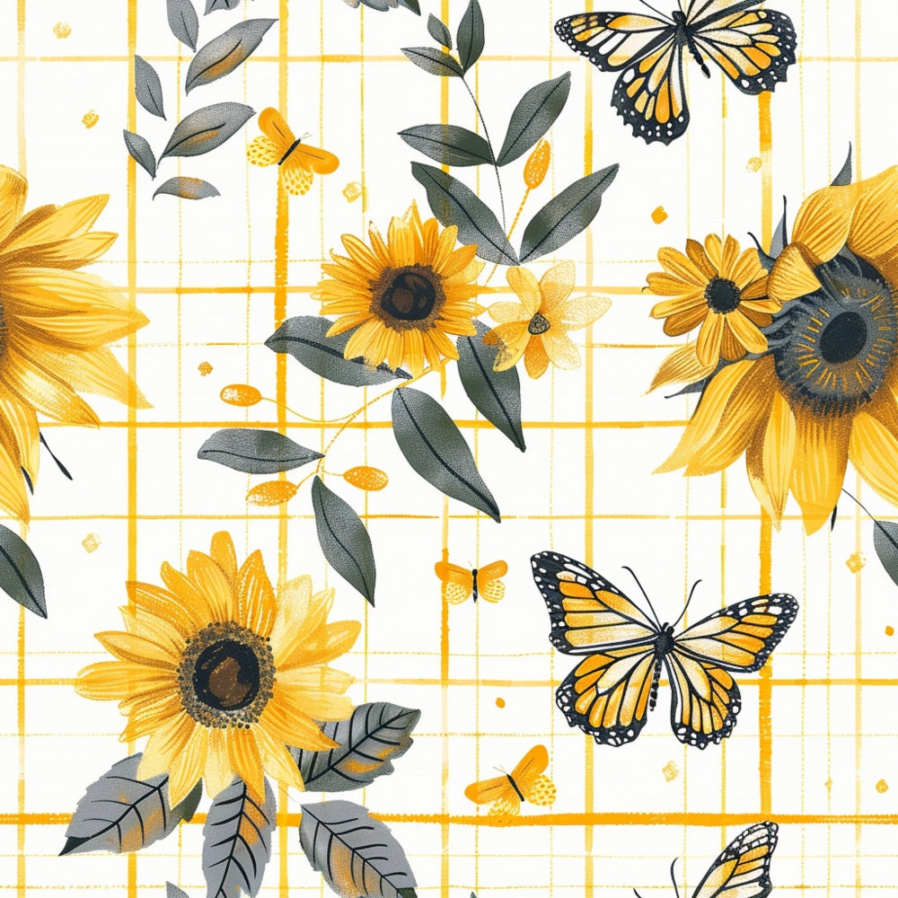 Pattern of yellow sunflowers, green leaves, and orange butterflies on a white background with a yellow grid.