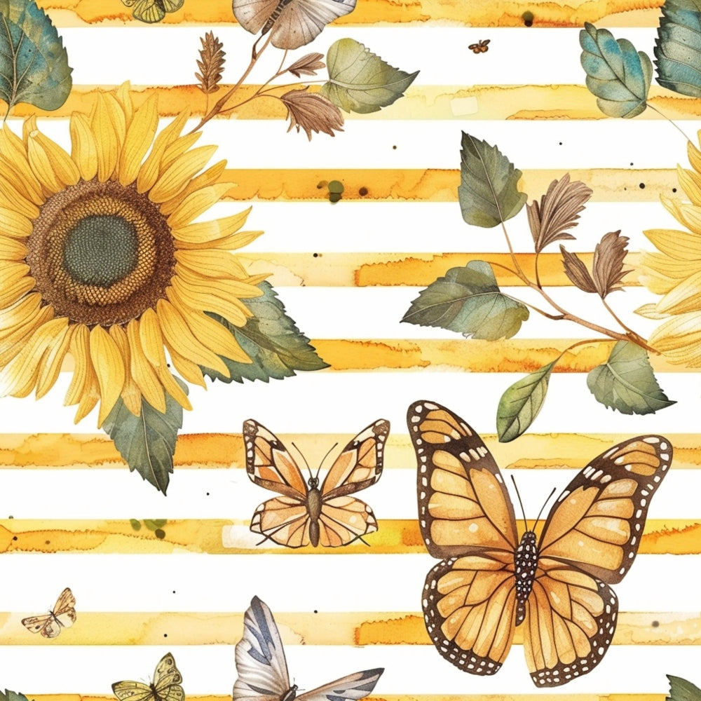 Illustration featuring sunflowers, butterflies, and leaves on a white and yellow striped background.