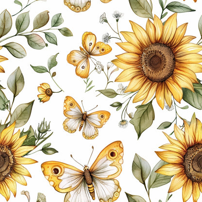 Sunflowers, butterflies, and greenery are illustrated on a white background.