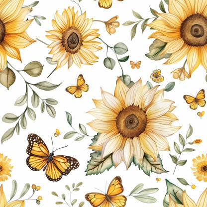 Illustration of sunflowers, green leaves, and butterflies on a white background.