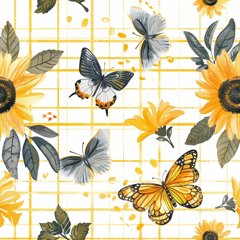 Pattern of butterflies and sunflowers on a yellow grid background.