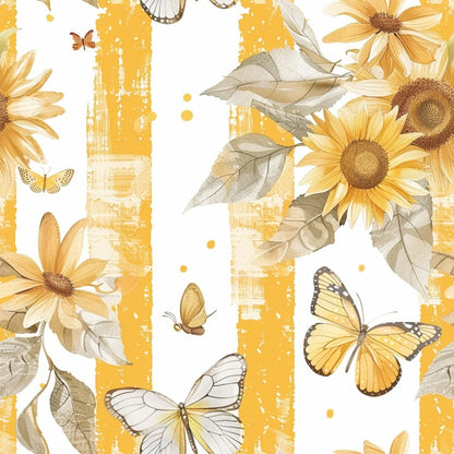 Sunflowers and butterflies against a white and yellow striped background with scattered leaves and dots.