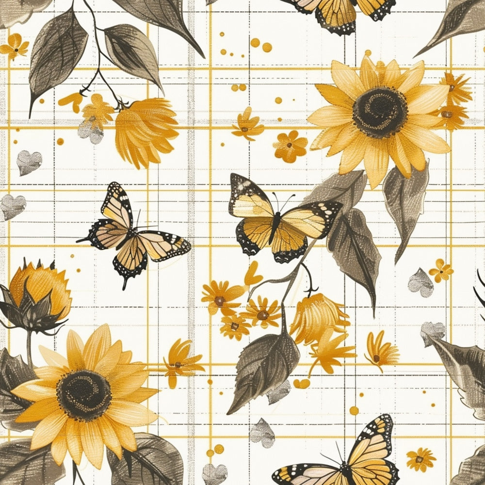 Sunflowers, butterflies, and various flowers with yellow tones are arranged against a white background with a subtle grid pattern.