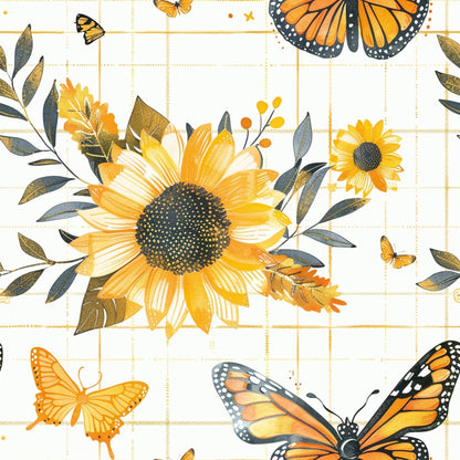 Illustration of sunflowers and Monarch butterflies on a grid-patterned background. Butterflies and leaves are interspersed among the flowers.