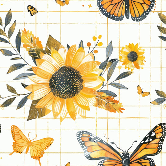 Illustration of sunflowers and Monarch butterflies on a grid-patterned background. Butterflies and leaves are interspersed among the flowers.