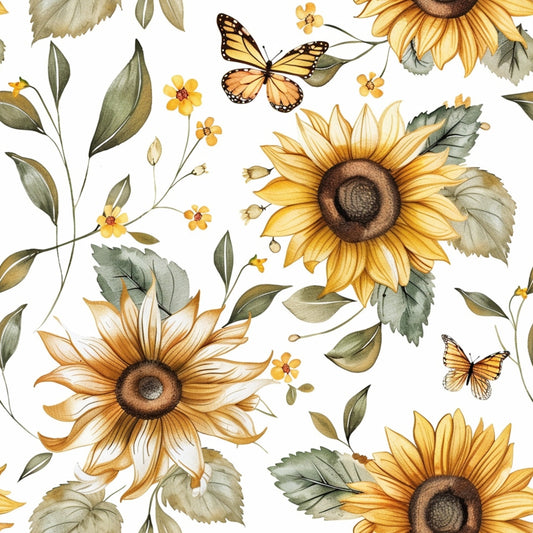 sunflowers, butterflies, golden yellow, orange petals, green leaves, floral pattern, watercolor style, botanical design, monarch butterflies, small wildflowers, quilting cotton, fabric panel, country style, rustic charm, nature motifs, white background, autumn colors, realistic flowers, garden theme, scattered pattern