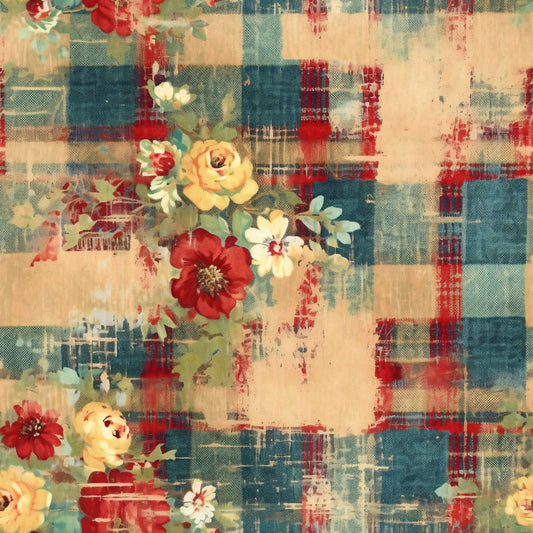 Country Grunge Plaid Florals Pattern 11 Quilting Cotton Fabric