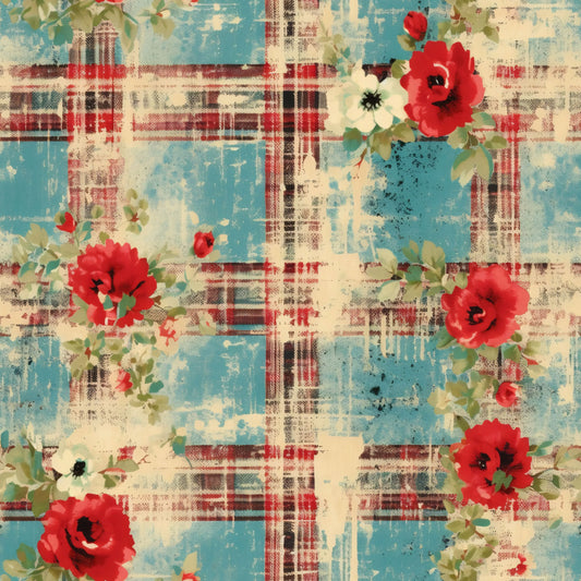 Country Grunge Plaid Florals Pattern 2 Quilting Cotton Fabric