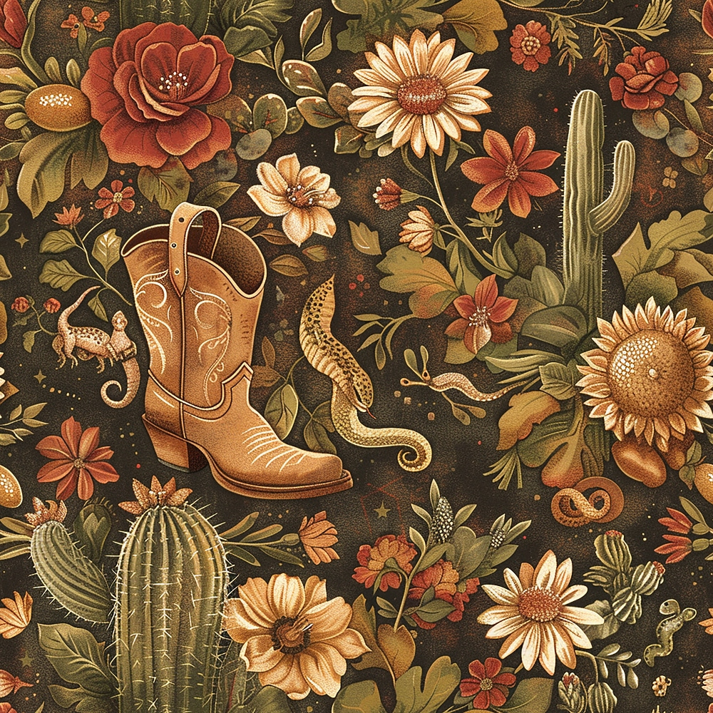 brown, rust, orange, cream, olive green, western theme, cowboy boots, cacti, sunflowers, roses, desert flowers, rattlesnake, southwestern style, vintage illustration, botanical motifs, quilting cotton, fabric panel, earthy tones, desert scene, floral pattern
