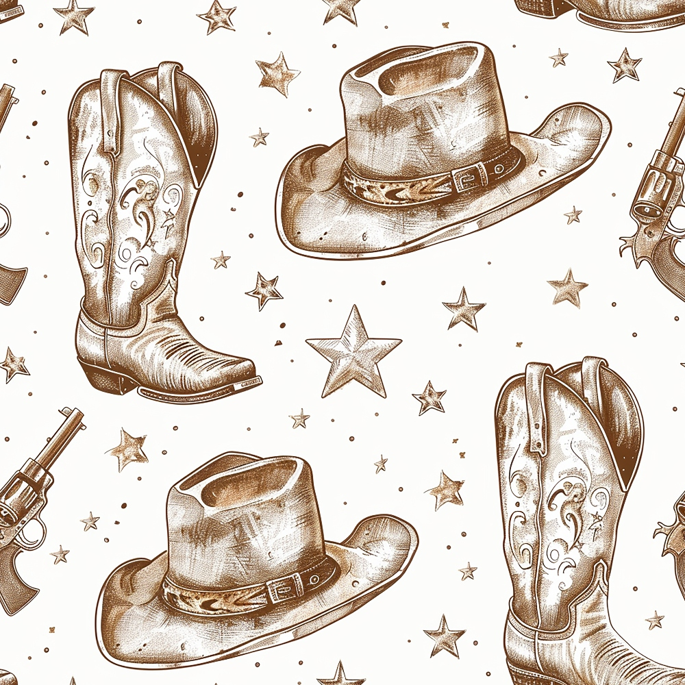 Illustration of cowboy hats, boots, revolvers, and stars on a white background, arranged in a repeating pattern.