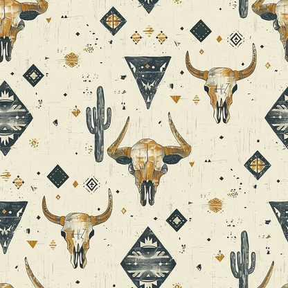 Southwestern pattern featuring steer skulls, cacti, and geometric shapes in black and gold on a cream background.