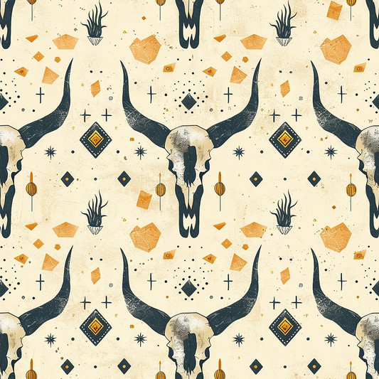 Pattern featuring cow skulls, geometric shapes, and abstract symbols in black and orange on a beige background.