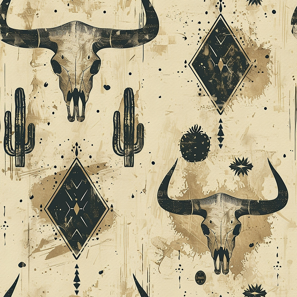 A patterned design featuring bull skulls, cacti, diamonds, and abstract shapes on a beige background.