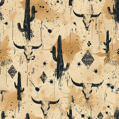 Illustration of a Western-themed pattern featuring cow skulls, cacti, and geometric shapes on a beige background with splattered black paint accents.