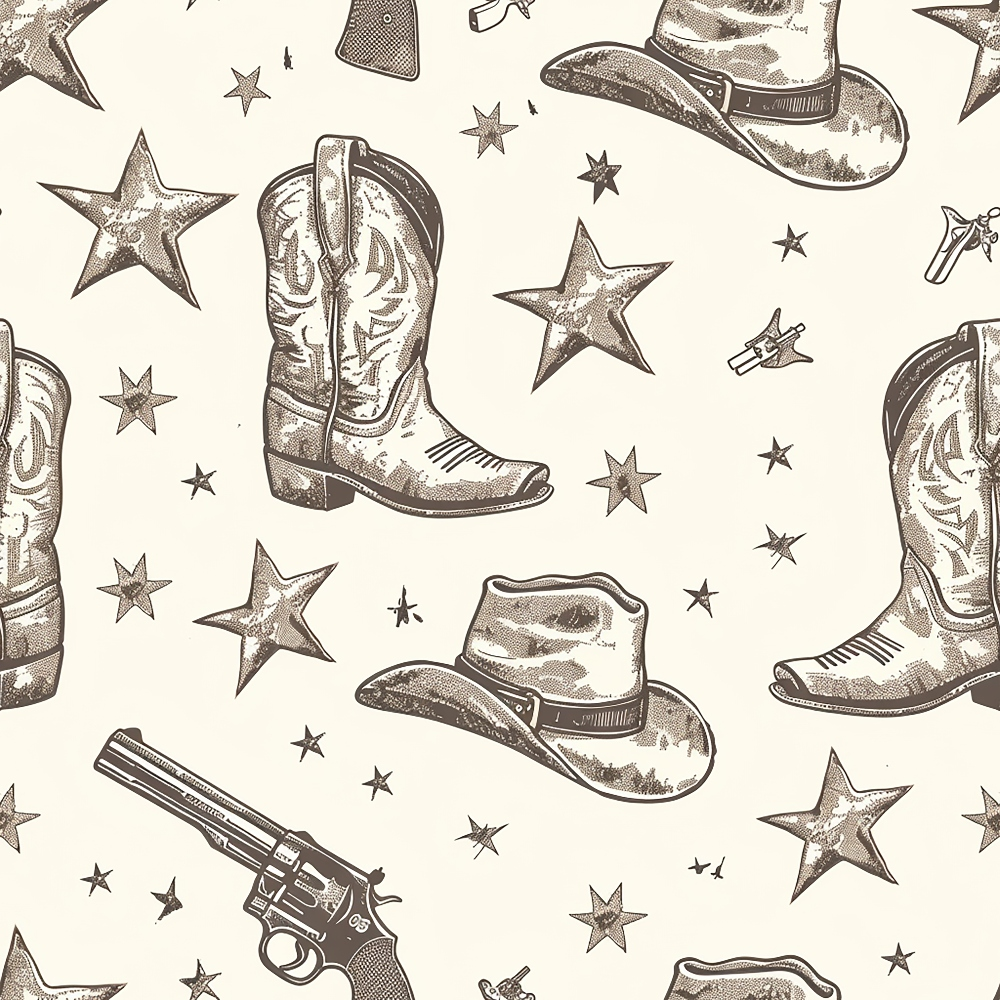 Vintage-style pattern featuring cowboy boots, hats, revolvers, and stars on a light background.