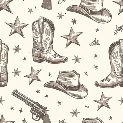 Vintage-style pattern featuring cowboy boots, hats, revolvers, and stars on a light background.