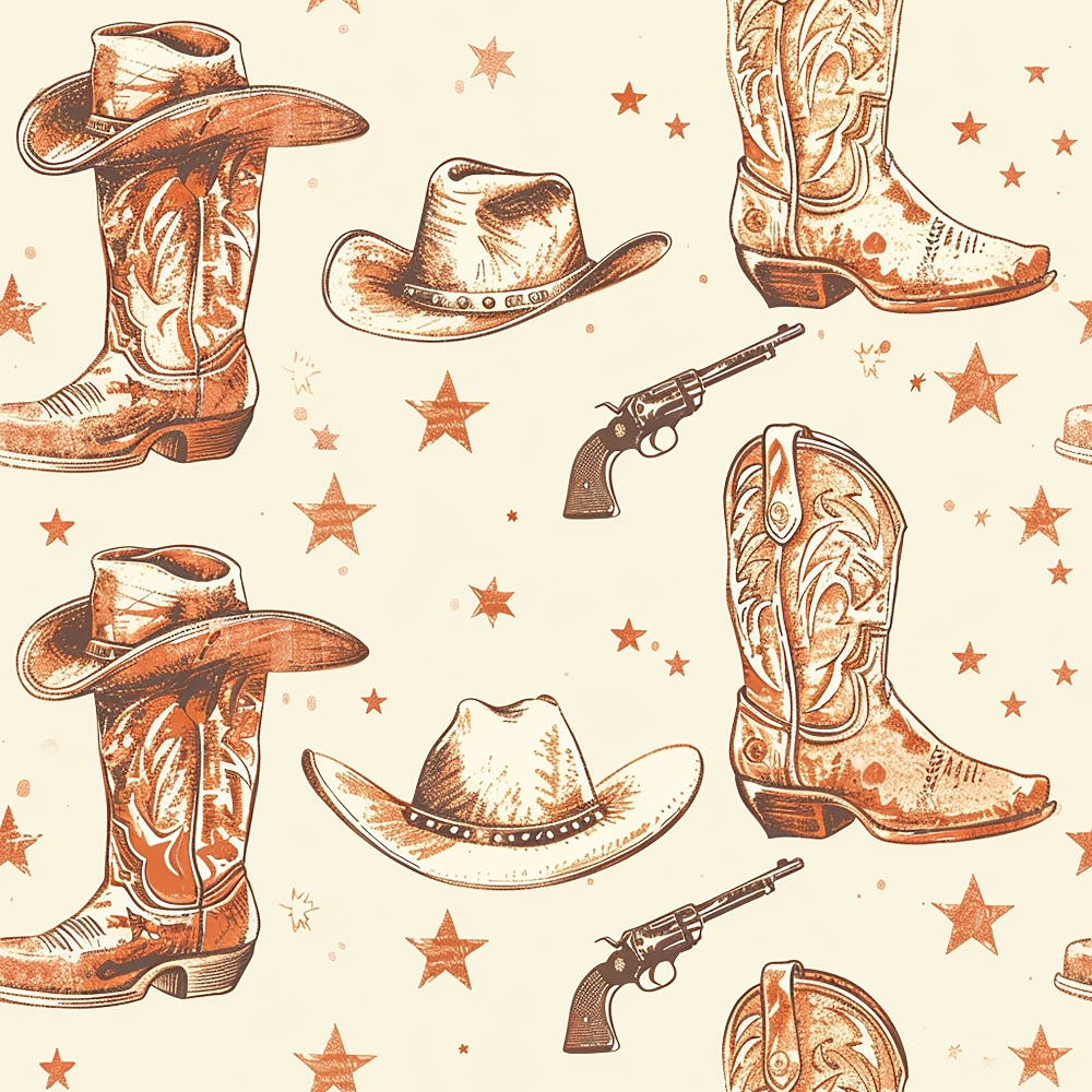 Pattern featuring cowboy boots, hats, revolvers, and stars on a beige background.