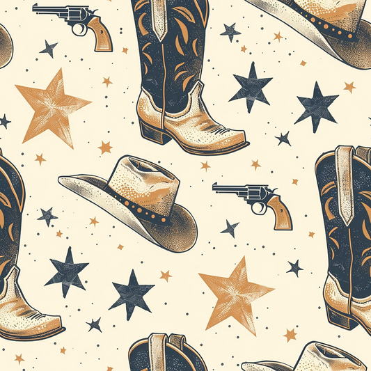 Pattern featuring cowboy hats, boots, revolvers, and stars on a cream background.