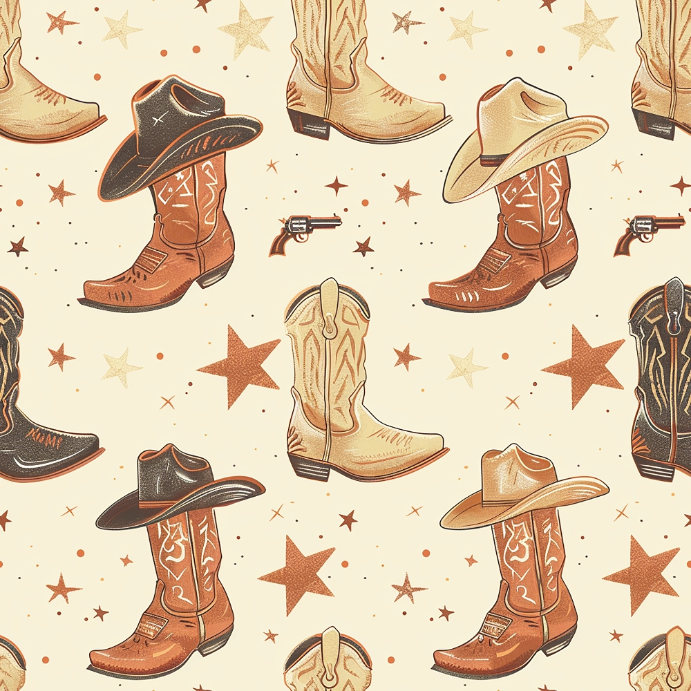 Pattern with cowboy hats, boots, guns, and stars on a beige background.