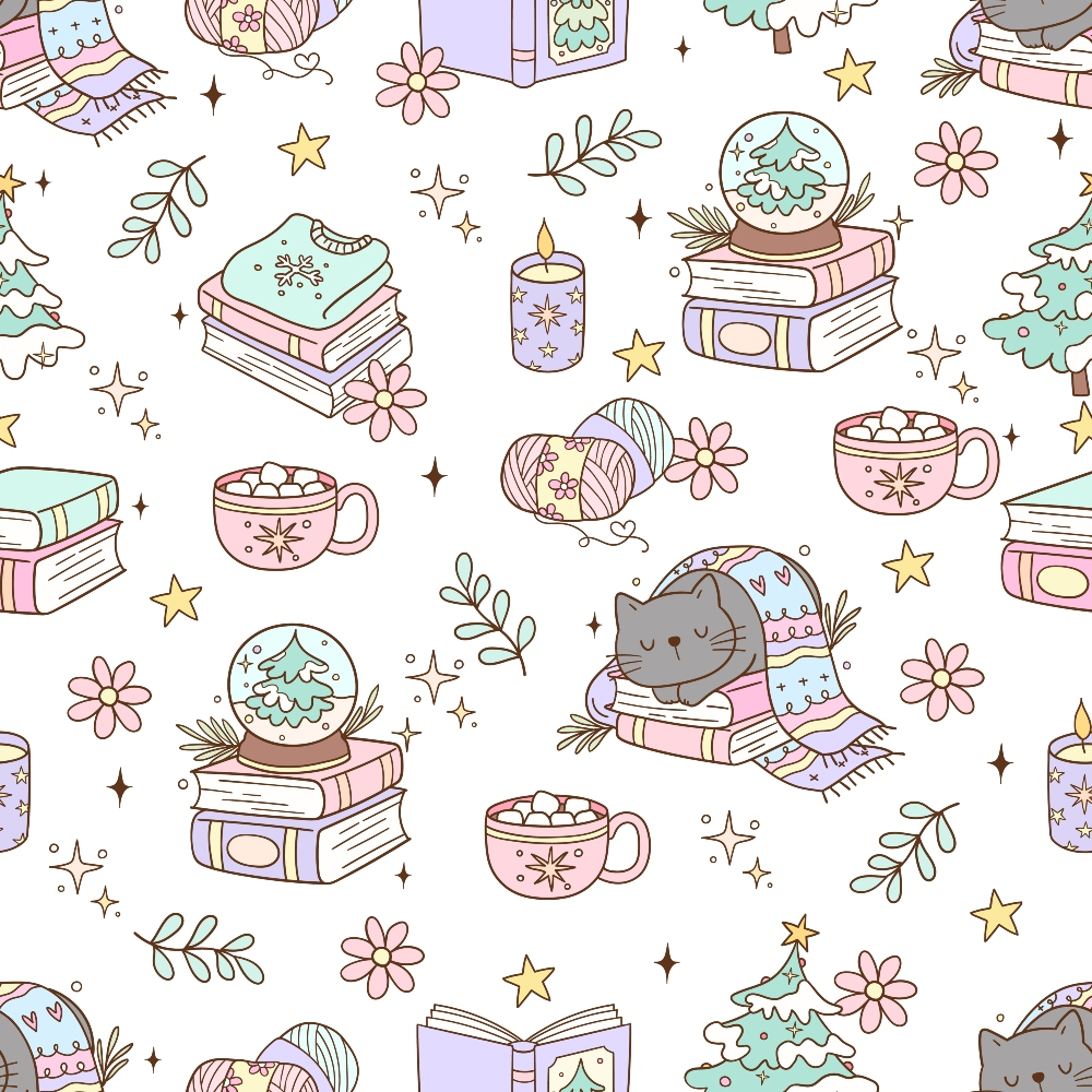 Cute pattern with cats in blankets on books, hot drinks, plants, yarn balls, candles, and stars in pastel colors.