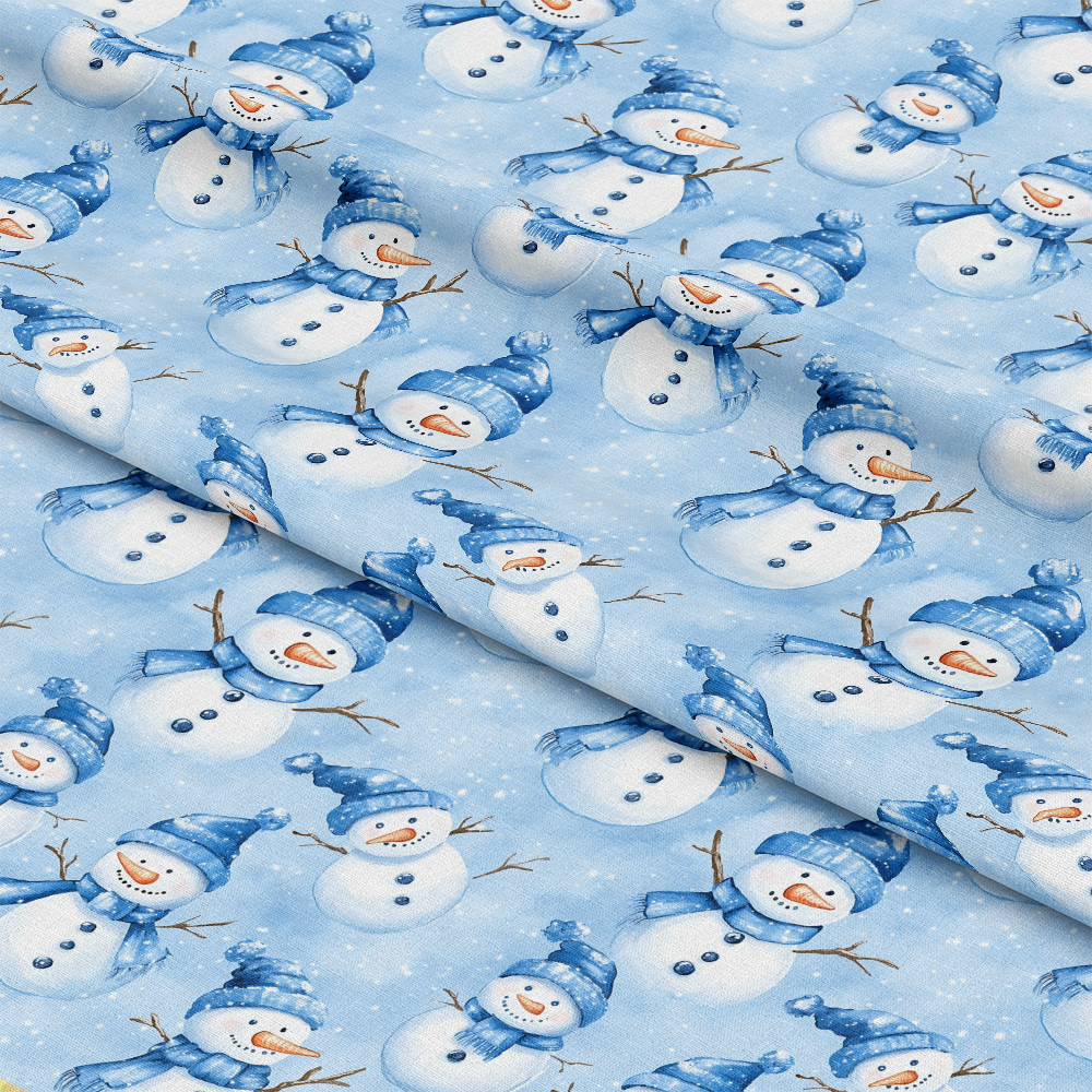 - Cozy Winter Snowman Quilting Cotton Fabric - snowmen - winter - blue - white - orange - smiling - scarves - hats - cotton - quilting - seasonal - festive - holiday - soft - yardage - light blue background