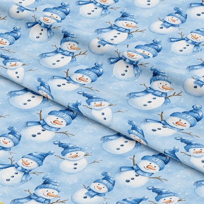 - Cozy Winter Snowman Quilting Cotton Fabric - snowmen - winter - blue - white - orange - smiling - scarves - hats - cotton - quilting - seasonal - festive - holiday - soft - yardage - light blue background