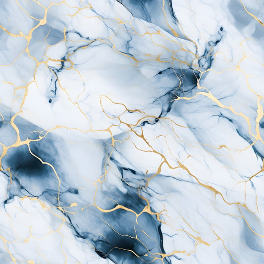 Blue and white marble texture with gold veining, displaying abstract swirls and patterns.