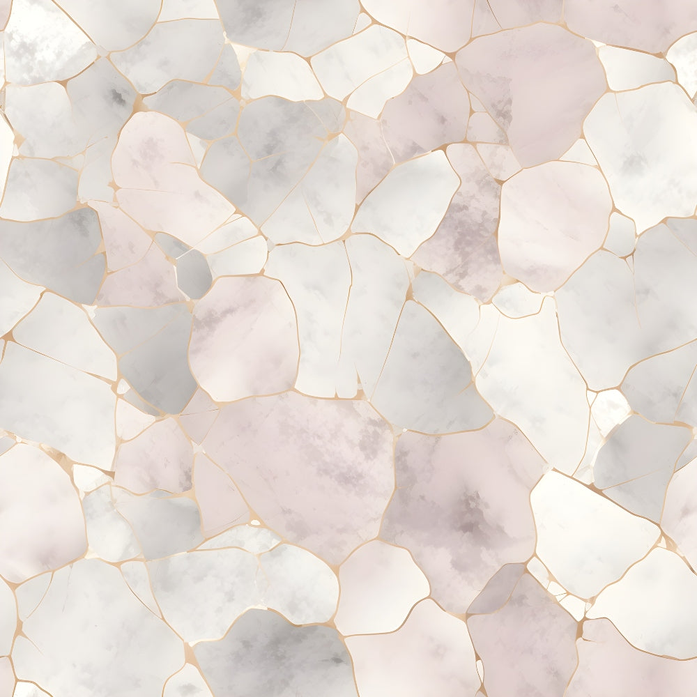 A light-colored abstract pattern with irregular, stone-like shapes in soft tones of gray, beige, and white, connected by thin, gold lines.