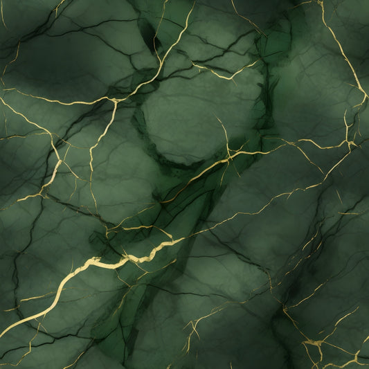 Green and gold marble texture with irregular, veined patterns and cracks.