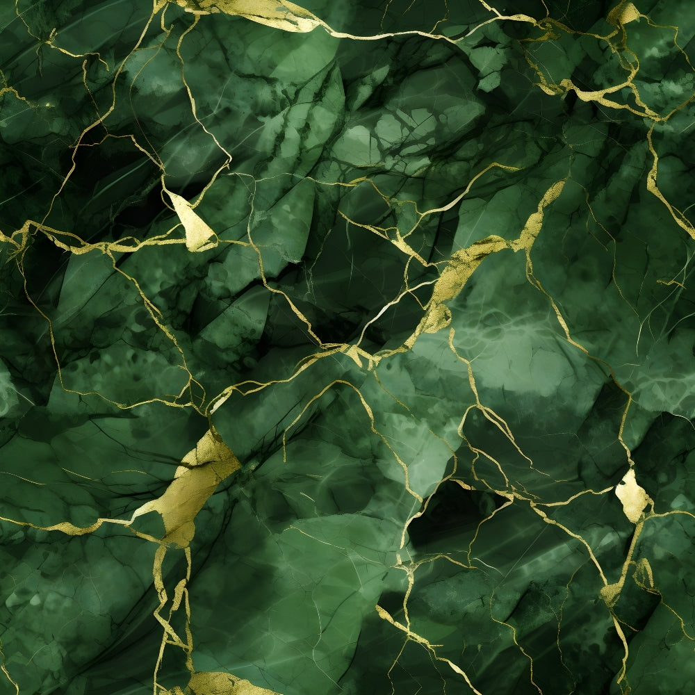 Green marble surface with gold veins creating a textured, luxurious appearance.